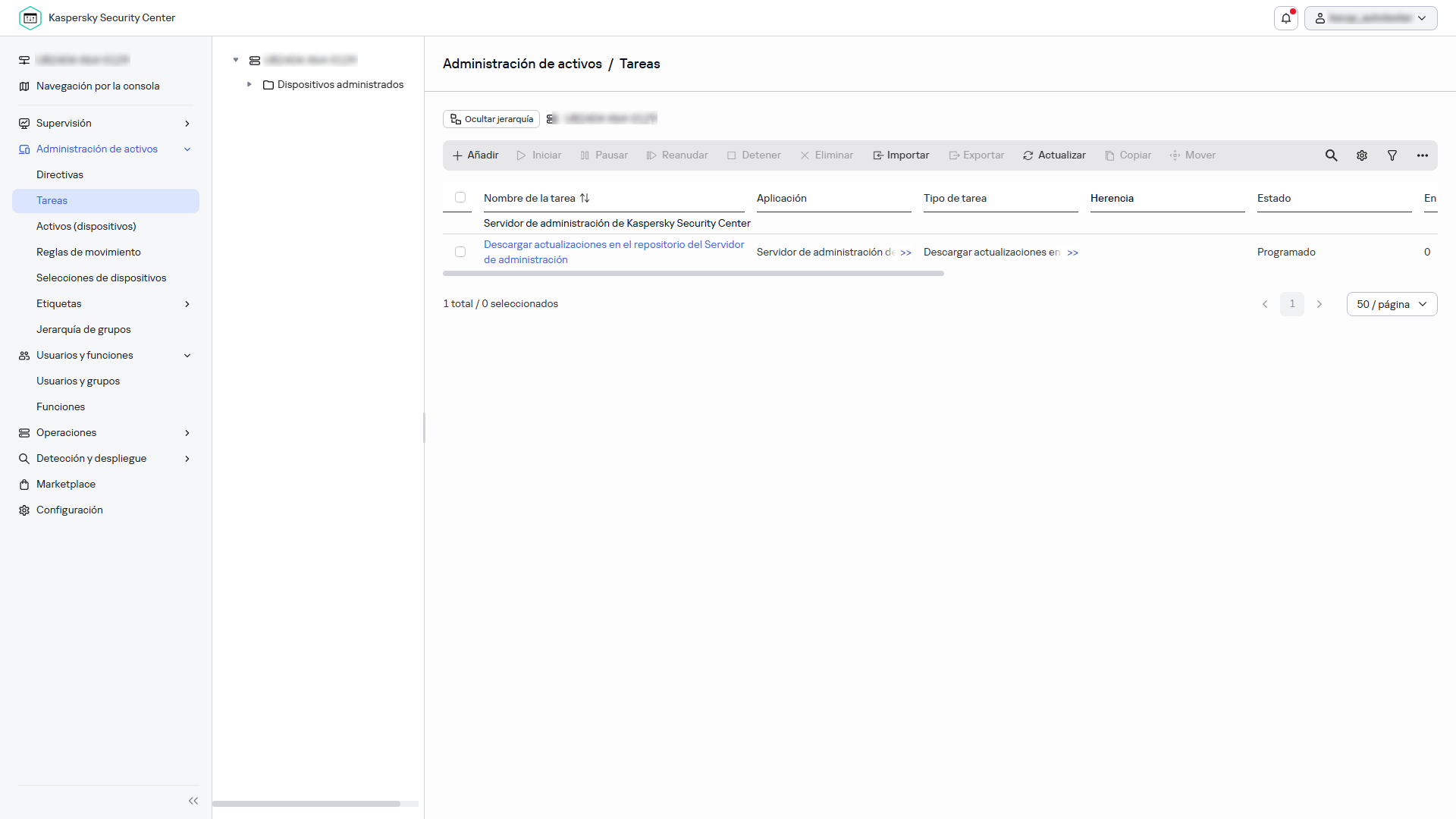 La lista de tareas con la tarea Descargar actualizaciones en los repositorios de los puntos de distribución.