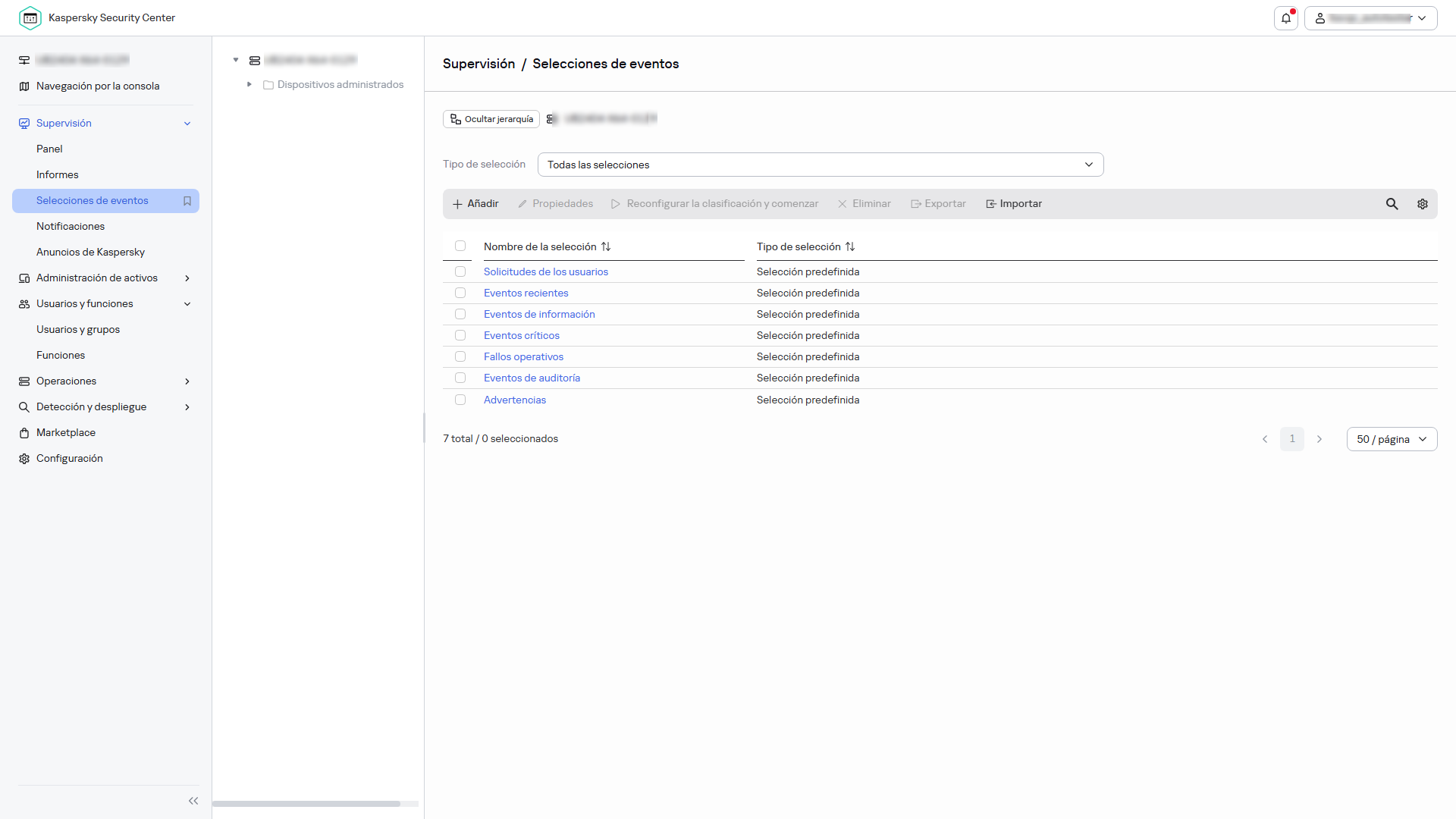 La lista de selección de eventos.