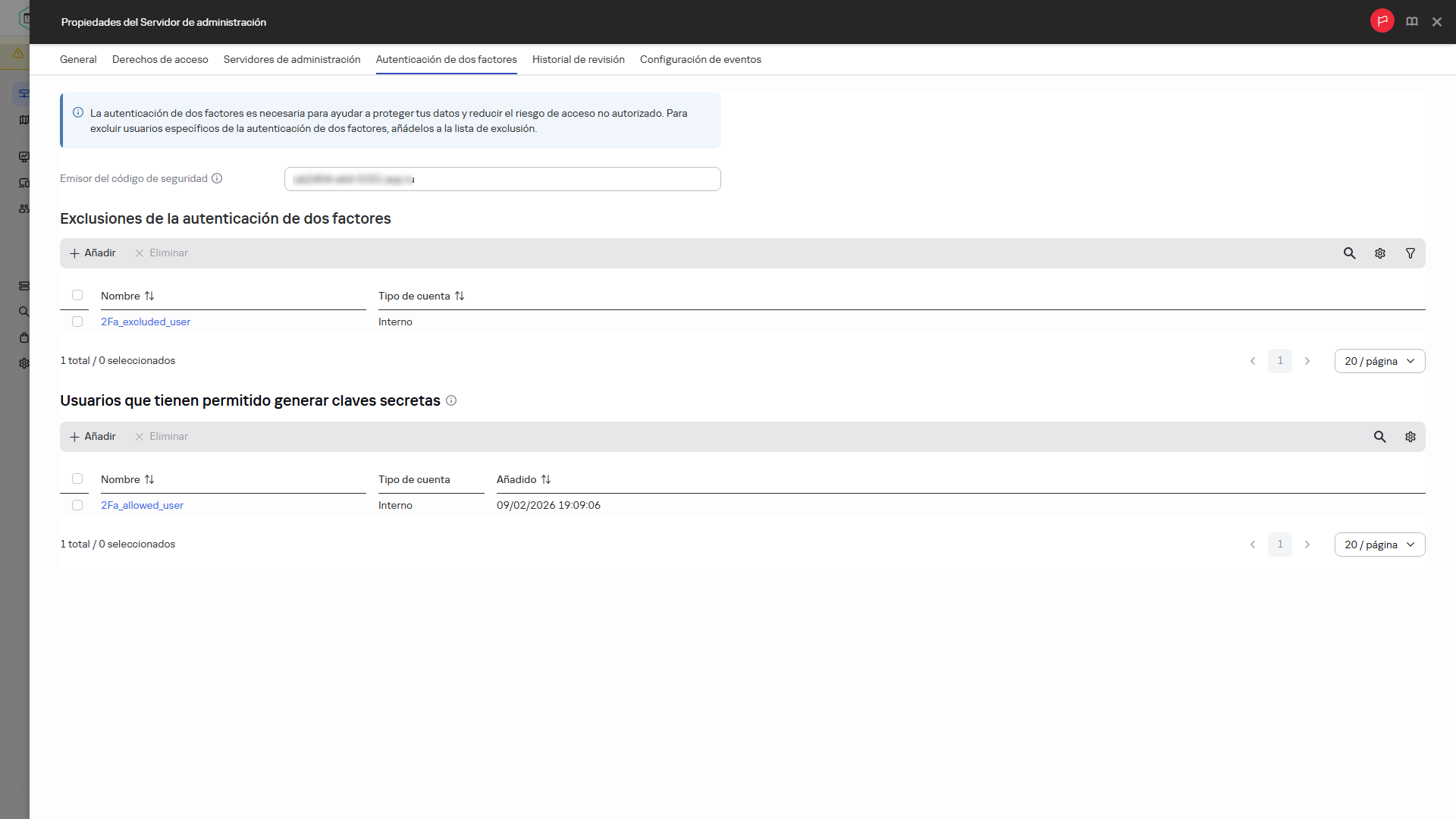 Las exclusiones de autenticación de dos factores y la lista de permitidos.
