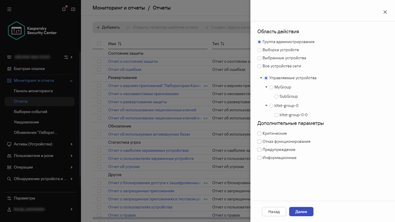 Указание области действия и дополнительных параметров нового отчета.