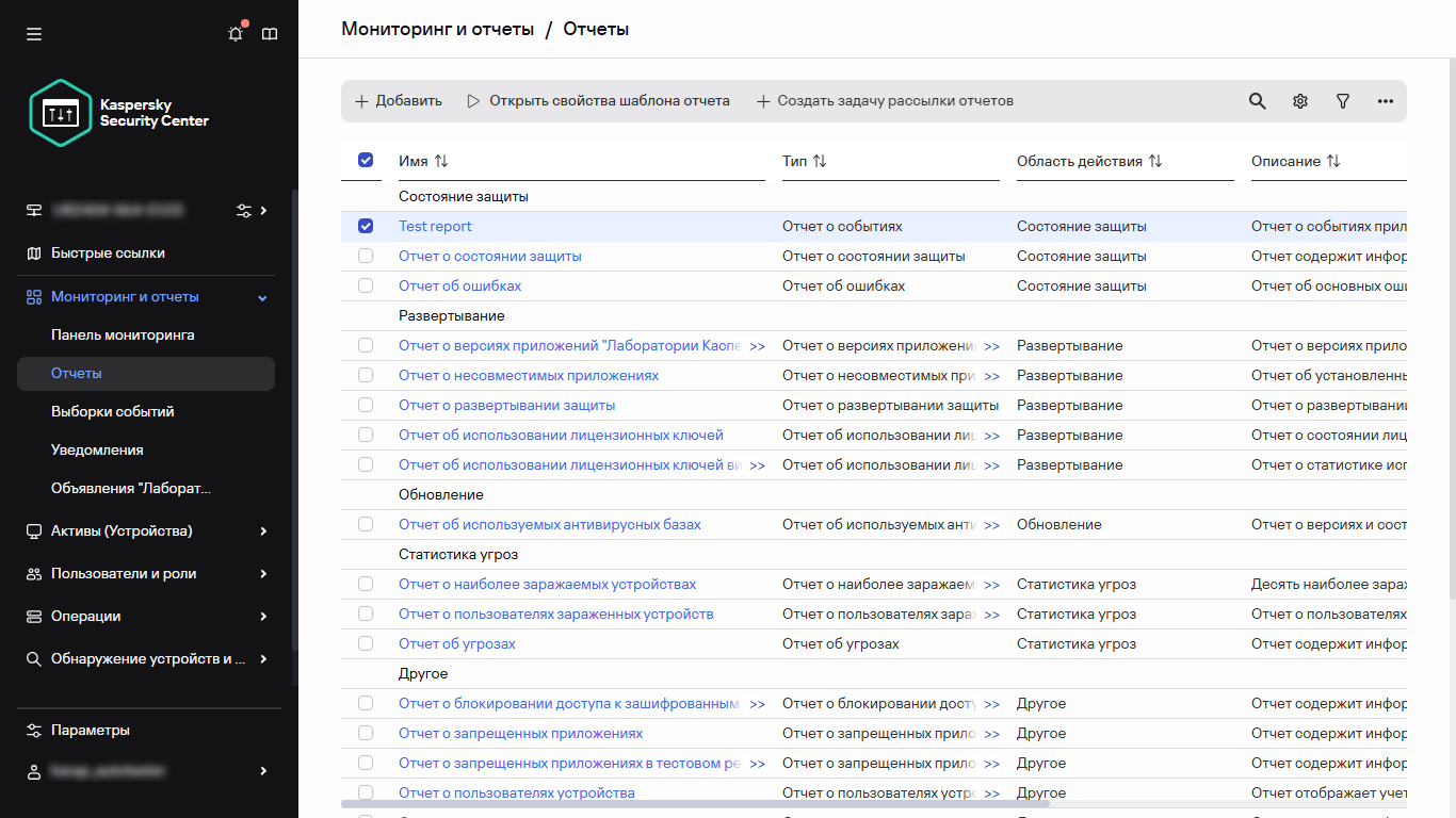 Список отчетов с выбранным отчетом.