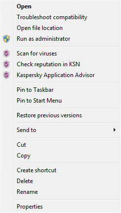 Context menu of an object in Microsoft Windows