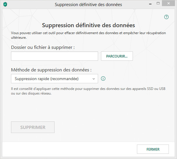 Fenêtre Suppression définitive des données