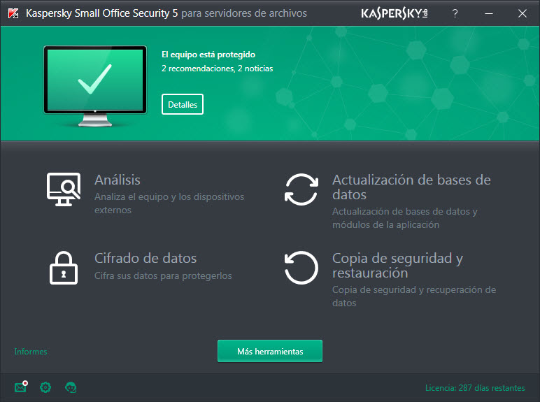 Main window of Kaspersky Small Office Security on a file server