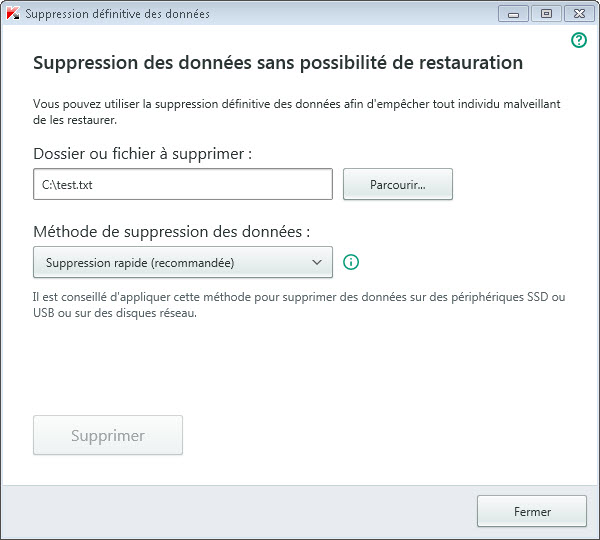 Fenêtre Suppression définitive des données