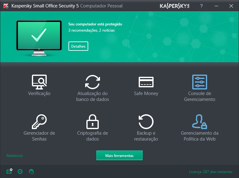 Main window of Kaspersky Small Office Security on a personal computer