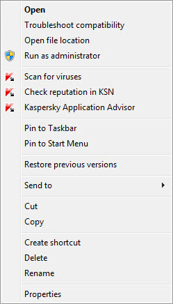 Context menu of an object in Microsoft Windows