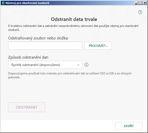 Okno Nástroj pro skartování souborů