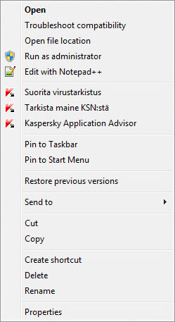 Objektin pikavalikko Microsoft Windows -järjestelmässä