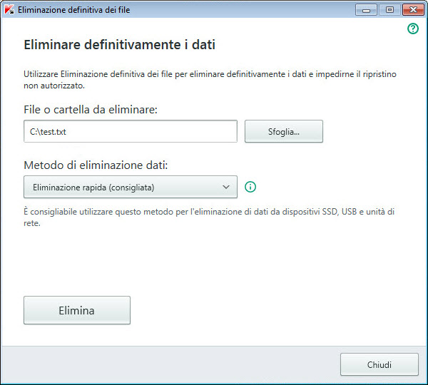 Finestra Eliminazione definitiva dei file
