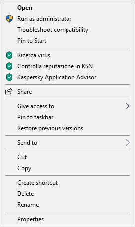 Menu di scelta rapida di un oggetto in Microsoft Windows