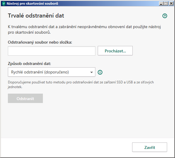 Okno Nástroj pro skartování souborů