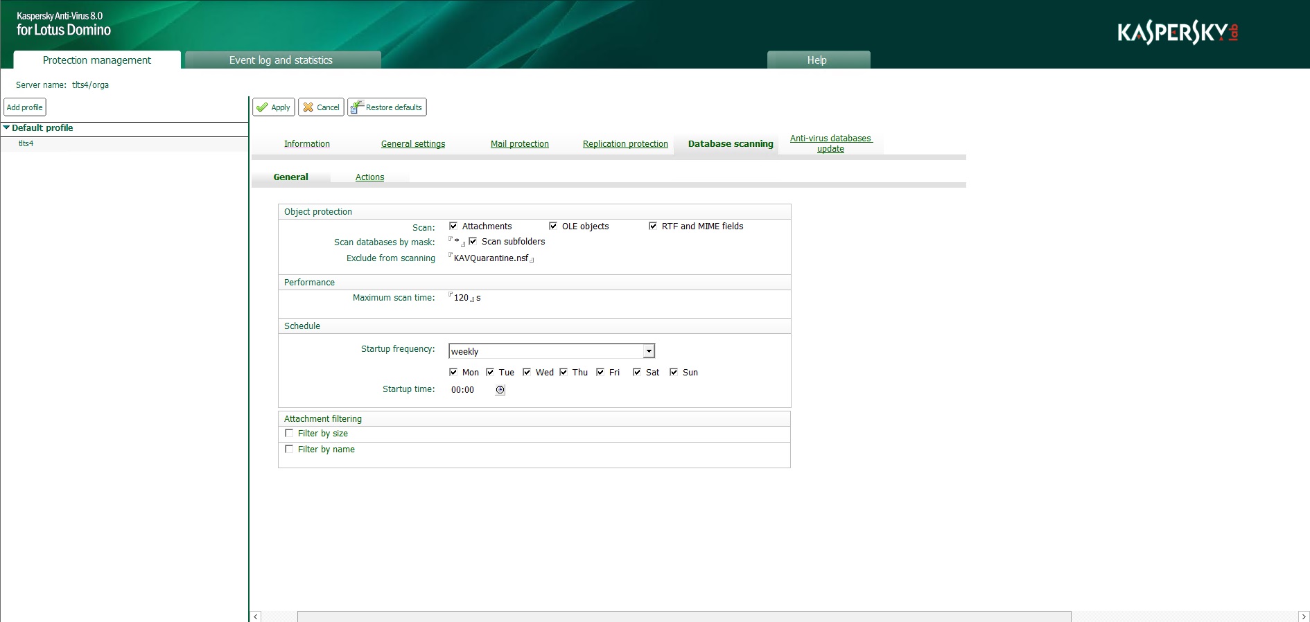 Configuring Kaspersky Anti-Virus performance settings in database scanning mode