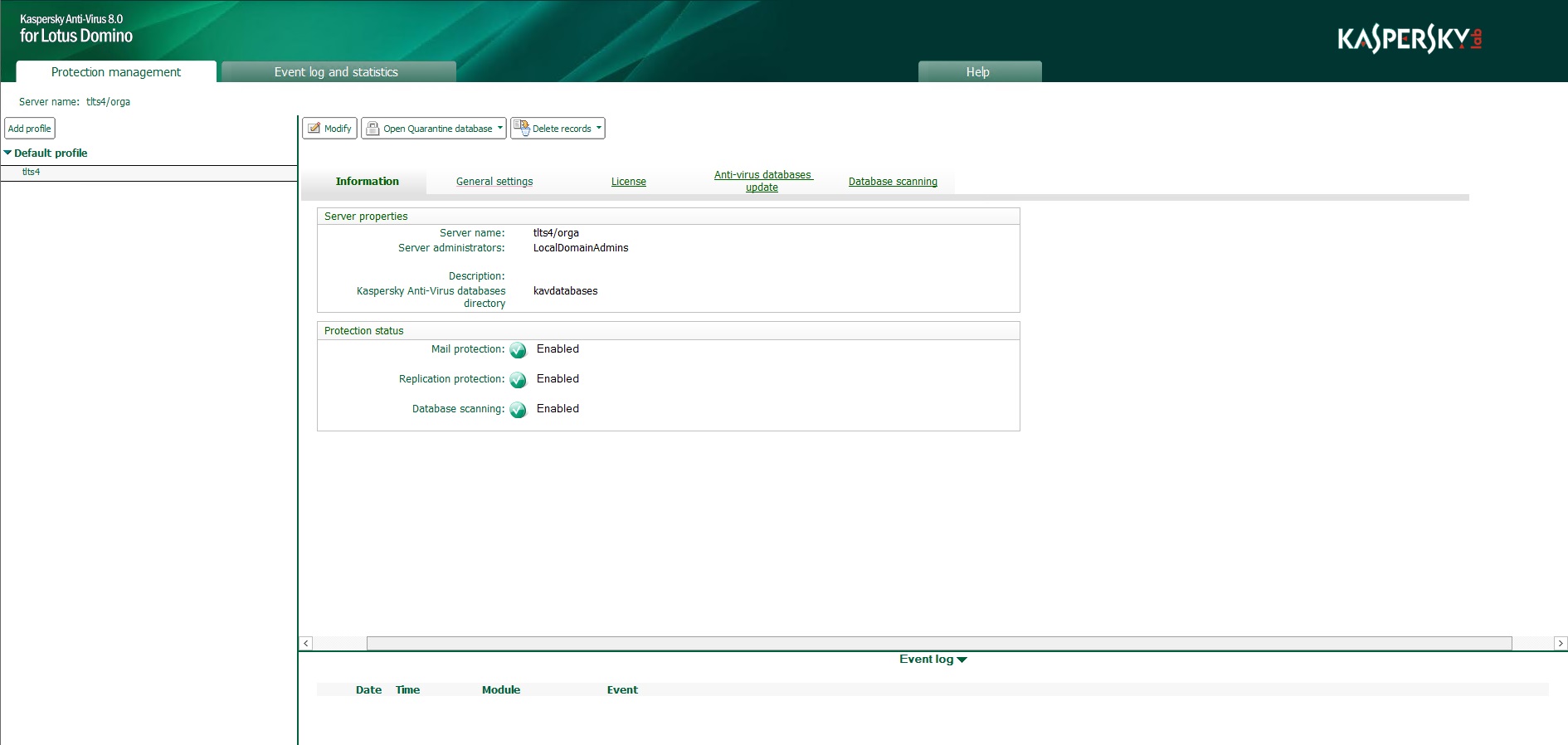 Window of the Control Center database in the anti-virus protection status viewing mode