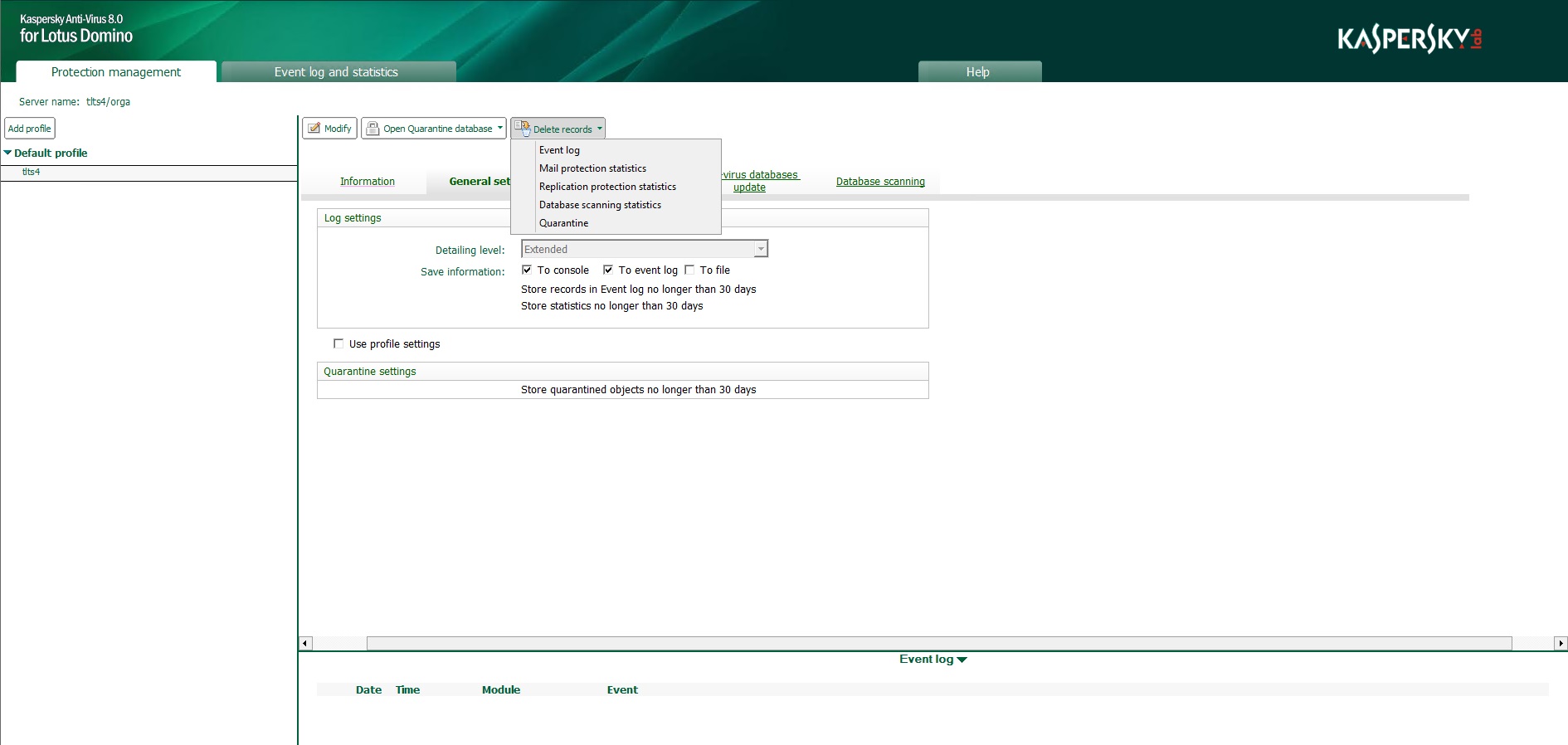 Deleting records from the Event log and statistics database