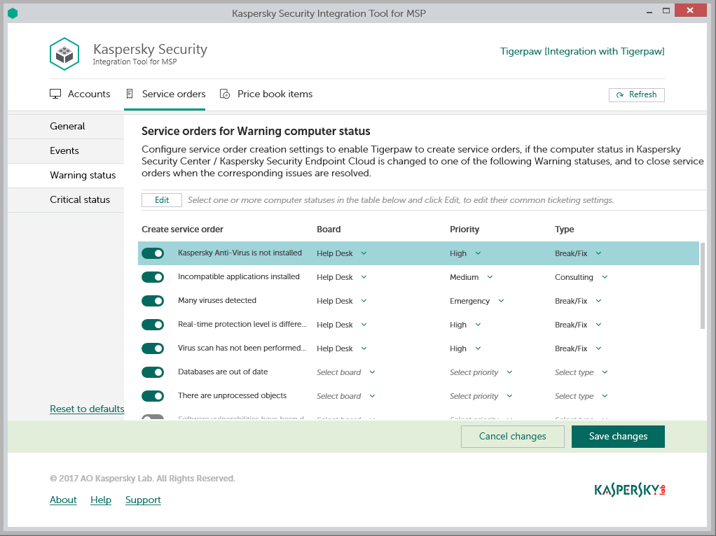 Service orders for computer statuses