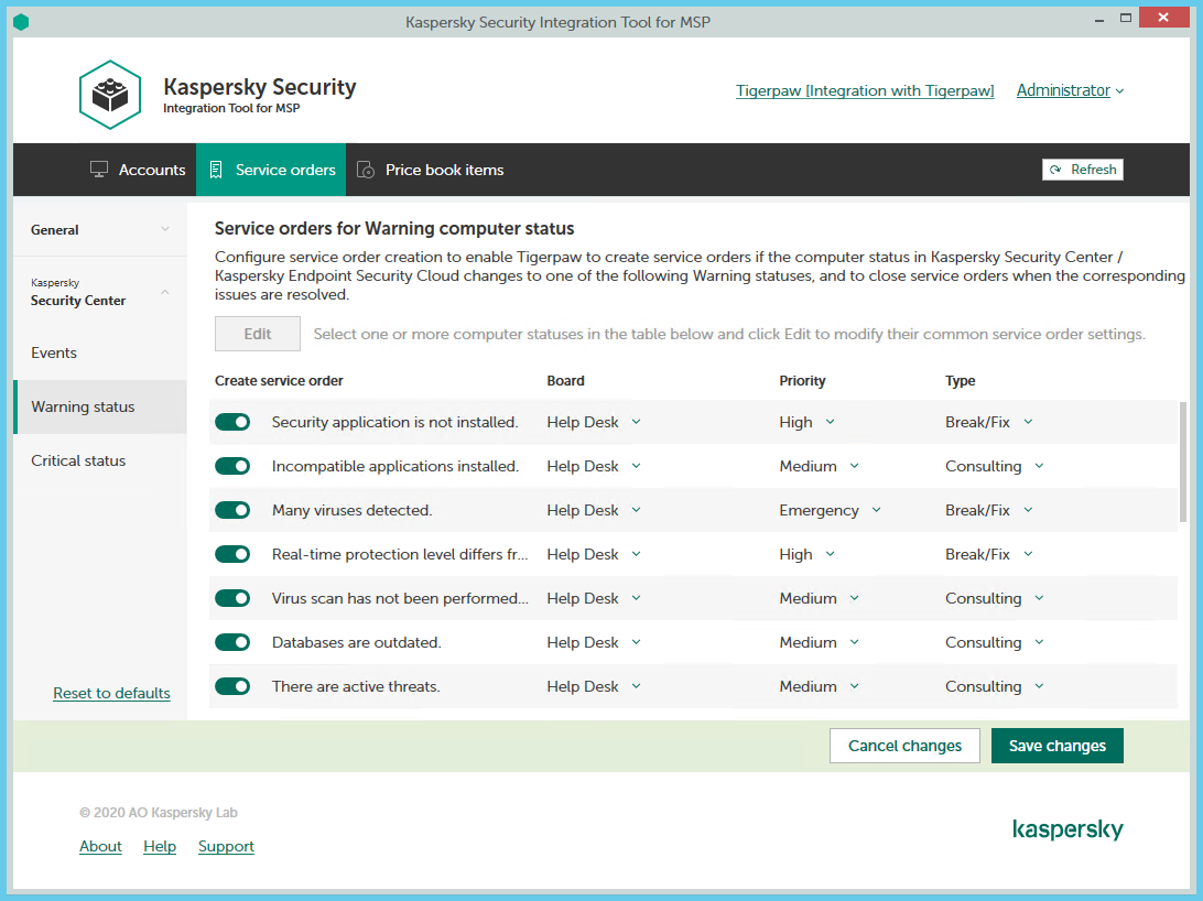 Service orders for computer statuses