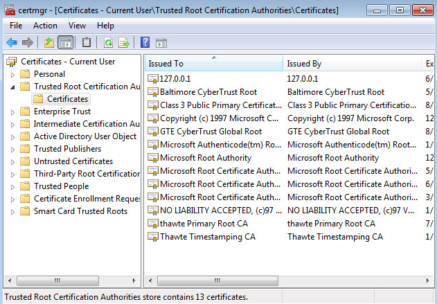 Certificates list. "Certificates" in "Trusted Root Certification Authorities" selected.