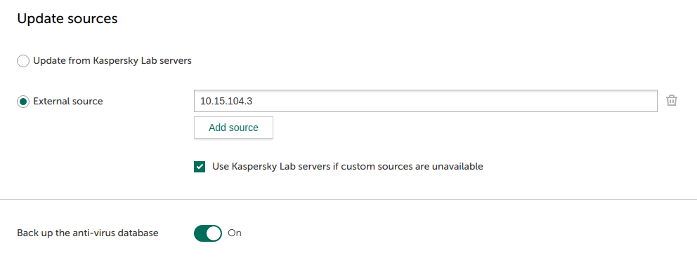 "External source" selected. "Use Kaspersky servers if custom sources are unavailable" selected, IP specified. Anti-virus database backup is enabled.