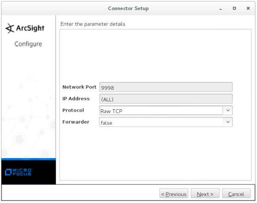 "Connector Setup" window. Network port = 9998, IP Address = (ALL), Protocol = Raw TCP, Forwarder = false.