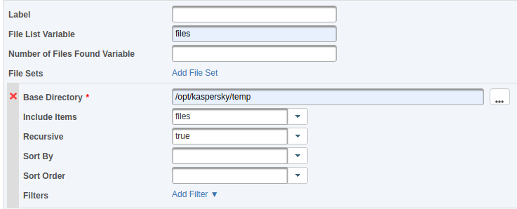File List Variable =  files, Base Directory = /opt/kaspersky/temp.