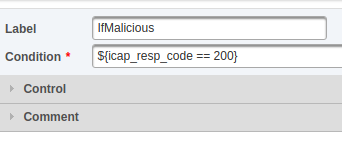 "If" element. Label = IfMalicious, Condition = ${icap_resp_code == 200}.