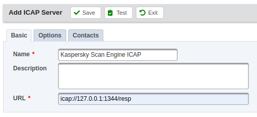 ICAP server settings: Name = Kaspersky Scan Engine ICAP, URL = icap://IP_address:1344/resp.