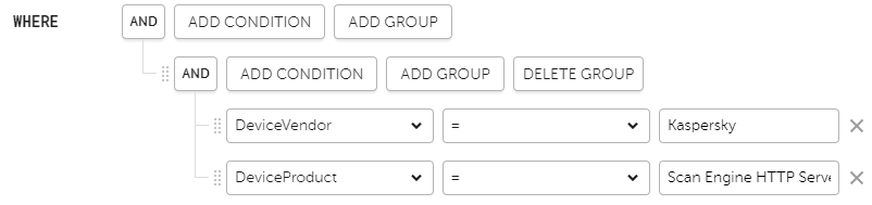 Search query: DeviceVendor = Kaspersky AND DeviceProduct = Scan Engine HTTP Service.