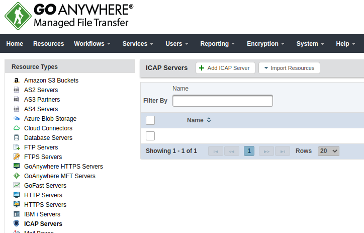 Выбрано "ICAP servers" в списке "Resource Types".