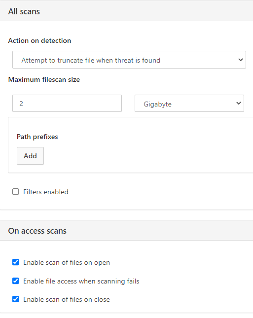 All scans. Action on detection = Attempt to truncate file when a threat is found, Maximum filescan size = 2 GB. Выбранные настройки сканирования в режиме On-access: Enable scan of files on open, Enable file access when scanning fails, Enable scan of files on close.