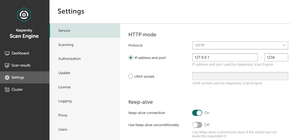 Несколько настроек службы для режима HTTP: протокол, IP-адрес и порт, постоянное соединение Keep-alive.