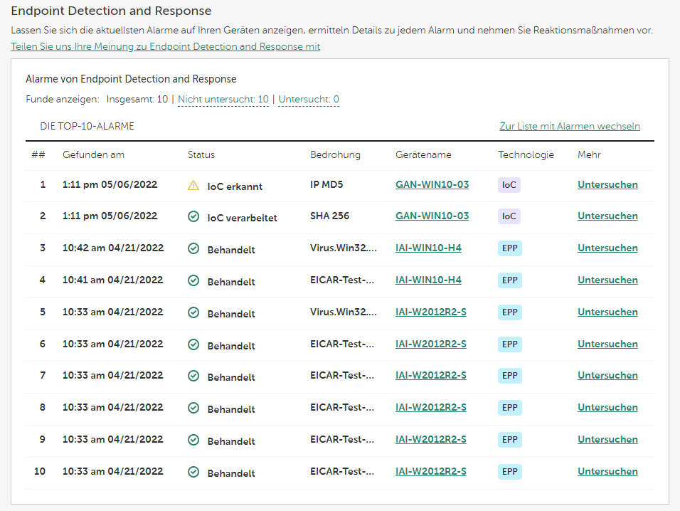 Das Widget von Endpoint Detection and Response.