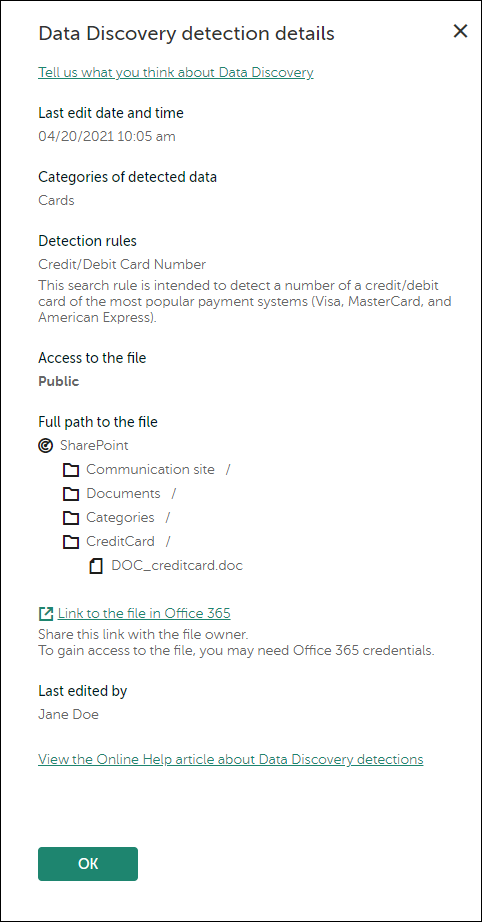 Data Discovery detection details window.