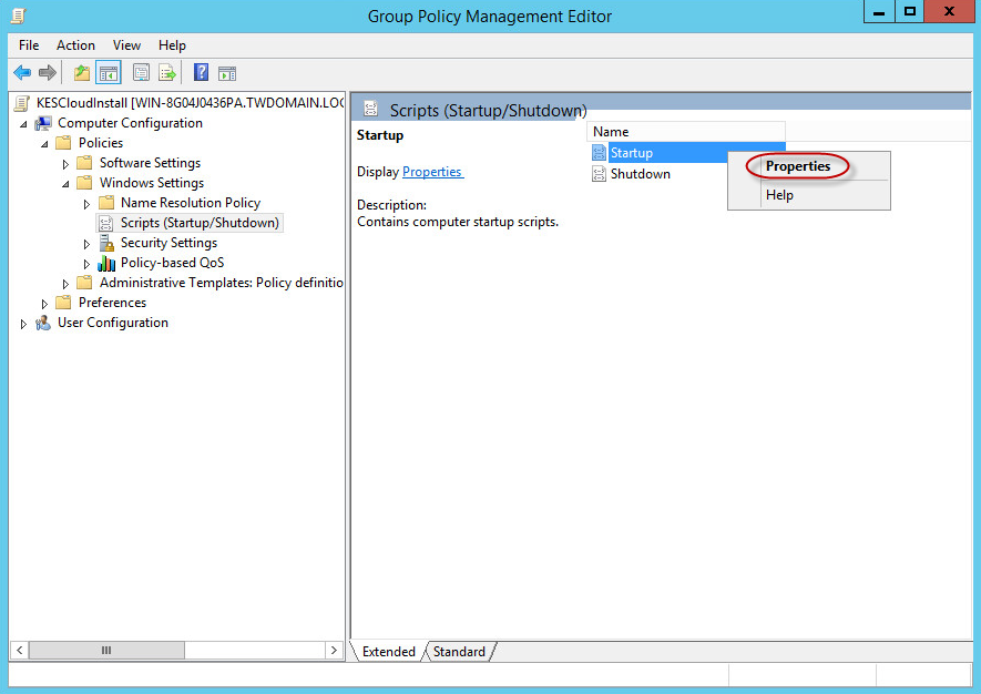 Group Policy Management window. Startup → Properties context menu item.