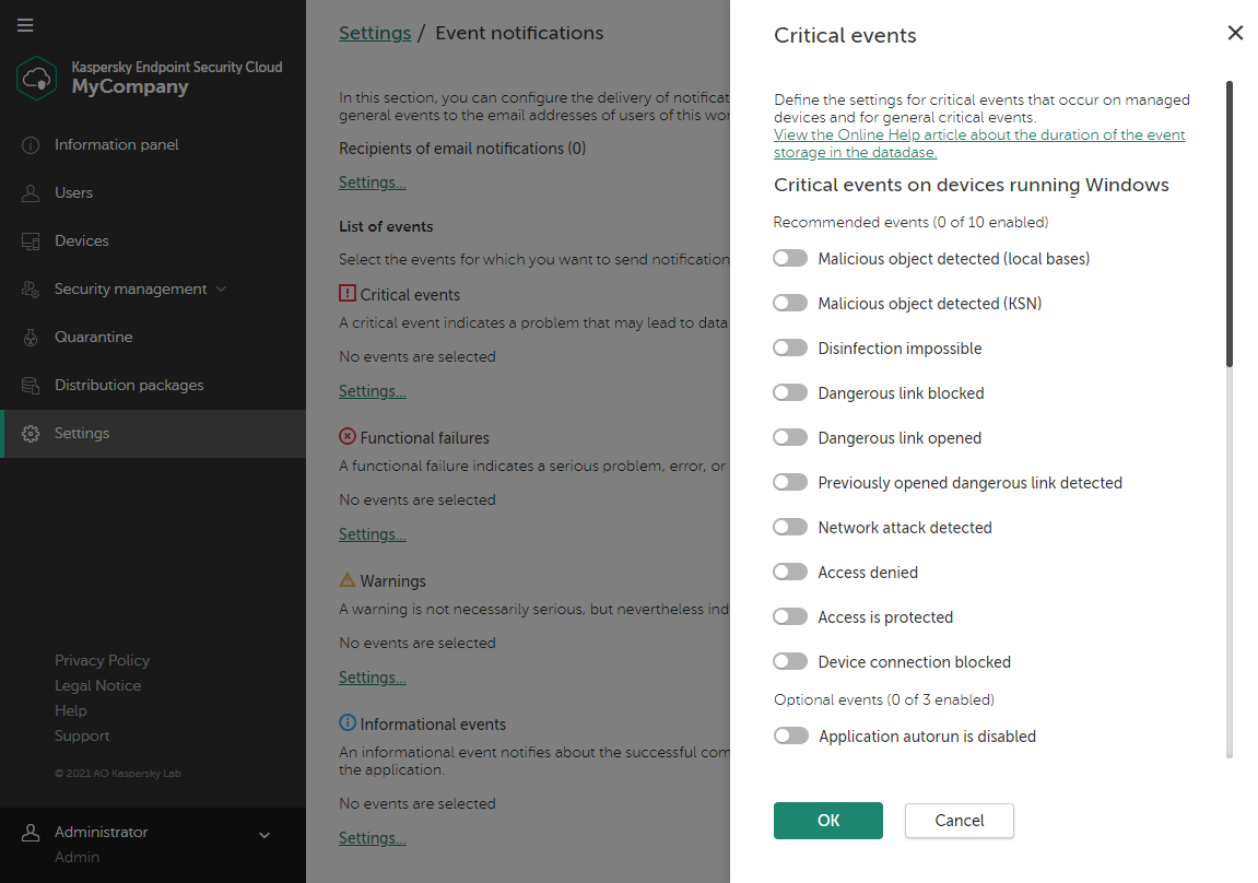 Settings → Event notifications window. Critical events flyout.