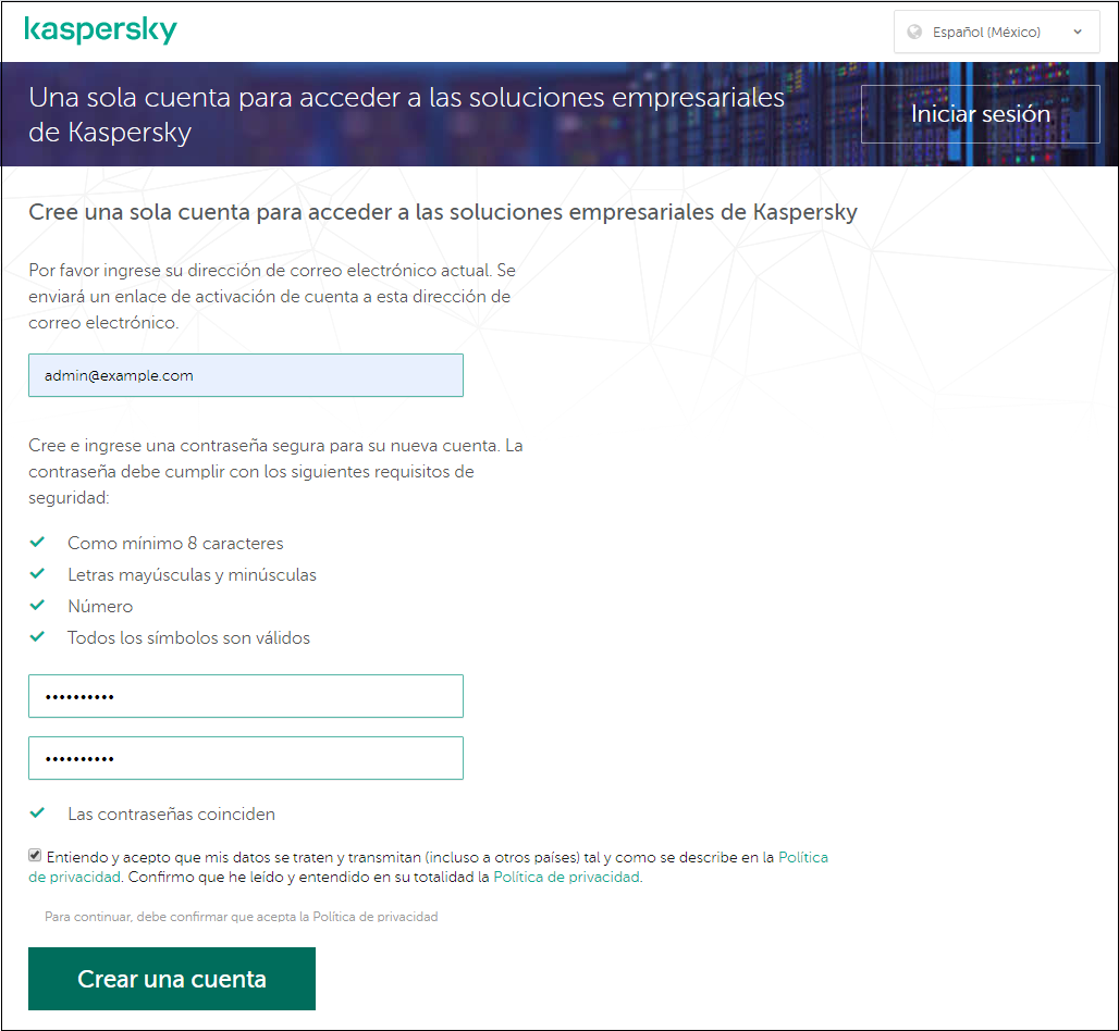 Regístrese para ingresar a la ventana de Kaspersky Business Hub.