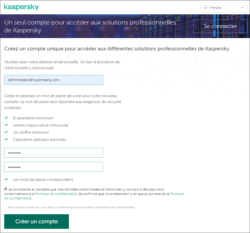 Inscrivez-vous pour accéder à la fenêtre du Kaspersky Business Hub.