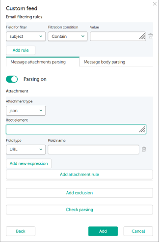 Custom feed window. Message attachments parsing.