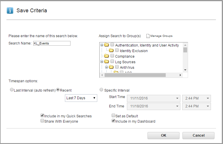 QRadar の［Save Criteria］ウィンドウ。