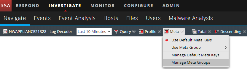 RSA NetWitness の［Investigate］→［Navigate］→［Meta］→［Manage Meta Groups］メニュー項目。