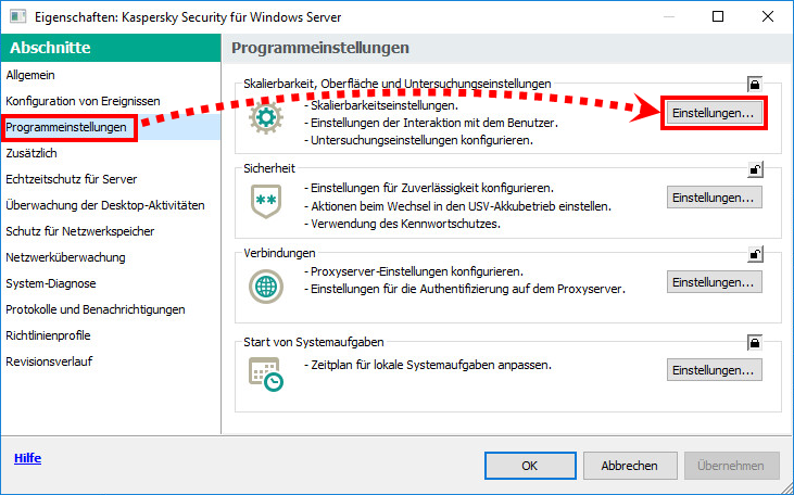 Das Fenster der Eigenschaften der Richtlinie für Kaspersky Security für Windows Server
