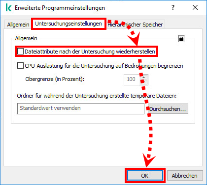 Das Fenster „Erweiterte Programmeinstellungen“ in den Eigenschaften der Richtlinie für Kaspersky Security für Windows Server