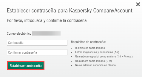 Crear una contraseña en Kaspersky CompanyAccount