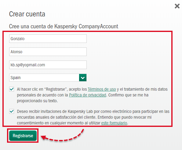 Crear una cuenta para un usuario nuevo de Kaspersky CompanyAccount