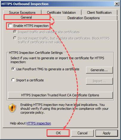 Cómo desactivar la inspección de HTTPS en Forefront TMG