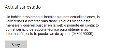 Error de actualización en el servicio de Windows Update. El código de error es 0x80070006.