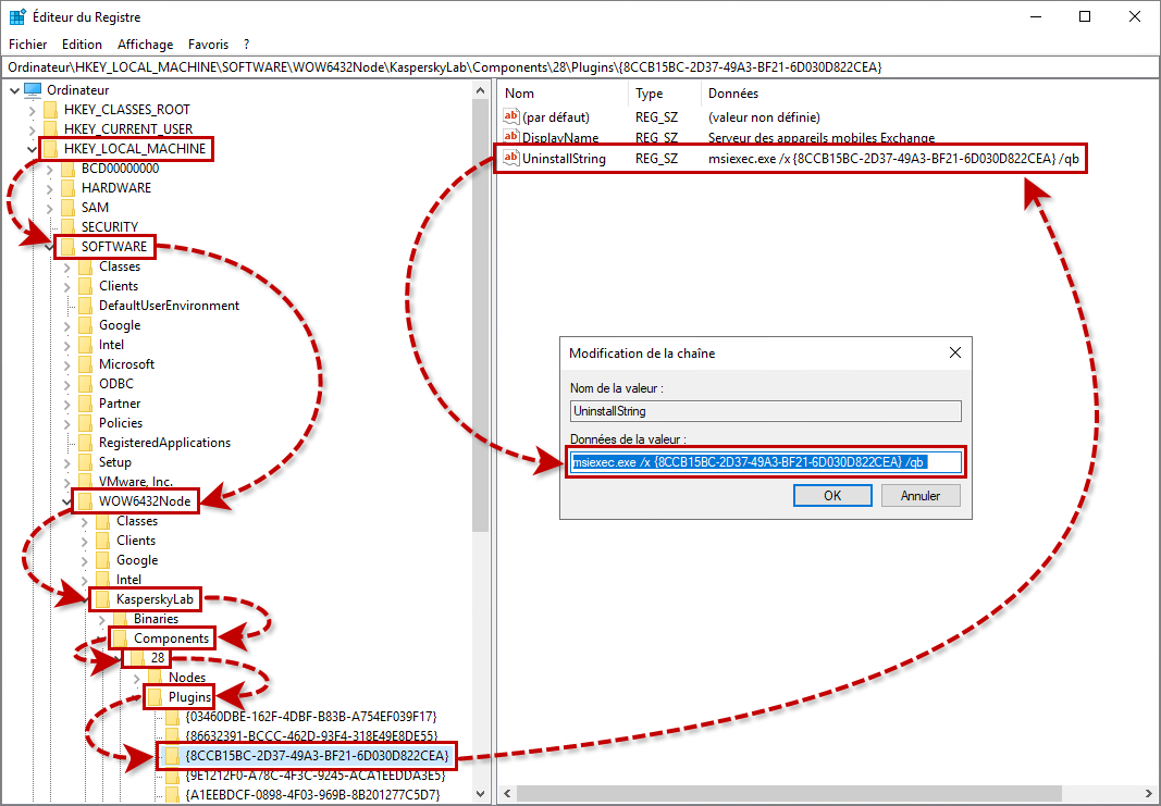 Copier la valeur de la clé UninstallString du plugin d'administration dans le registre système Windows 
