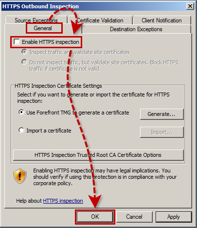 Désactiver l'analyse du trafic HTTPS sur Forefront TMG