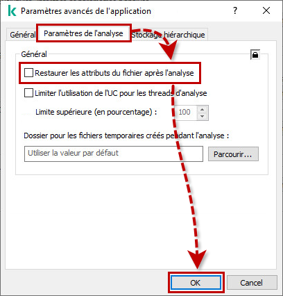 Désactiver l’option Restaurer les attributs du fichier après l’analyse dans Kaspersky Security for Windows Server