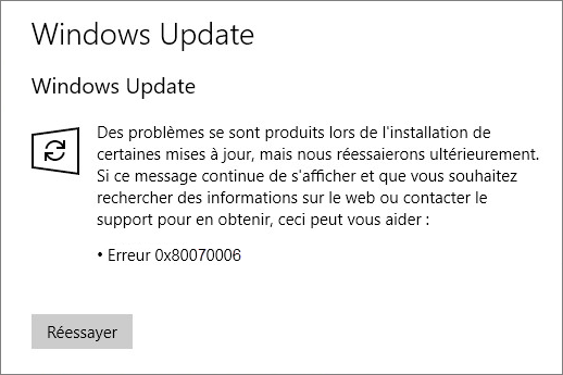 Problèmes lors de l’installation des mises à jour dans Windows Update avec le code d'erreur 0x8007000